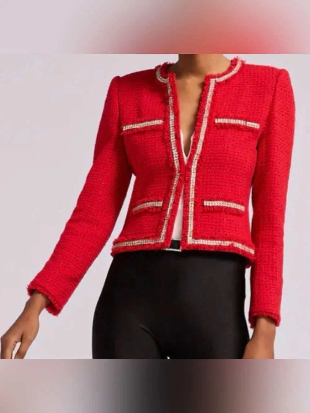 Generation Love Red Tweed Boxy Jacket with Rhinestone Trim